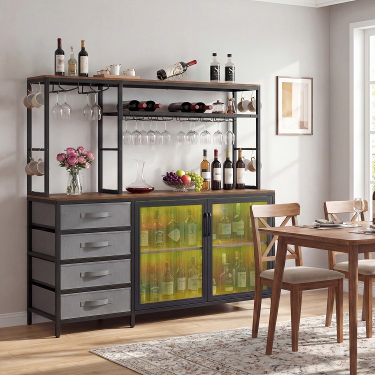 Sideboard buffet cabinet with LED lights, rustic brown finish, featuring wine storage and fabric drawers for organized.