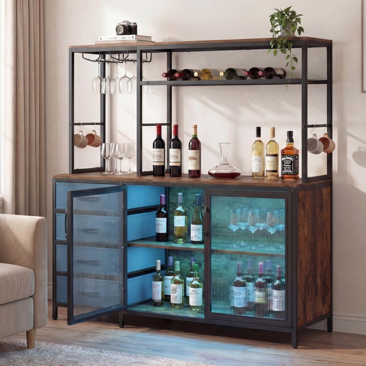 Sideboard buffet cabinet with LED lights, rustic brown finish, featuring wine storage and adjustable shelves for.