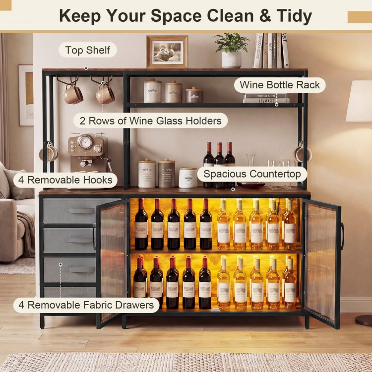 Sideboard buffet cabinet with LED lights, rustic brown finish, featuring wine bottle rack and 4 removable fabric.