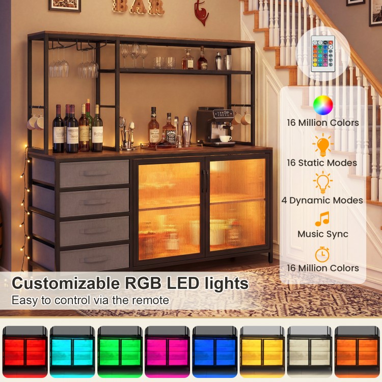 Sideboard buffet cabinet with adjustable LED lights, rustic brown finish, and ample storage for wine bottles and.