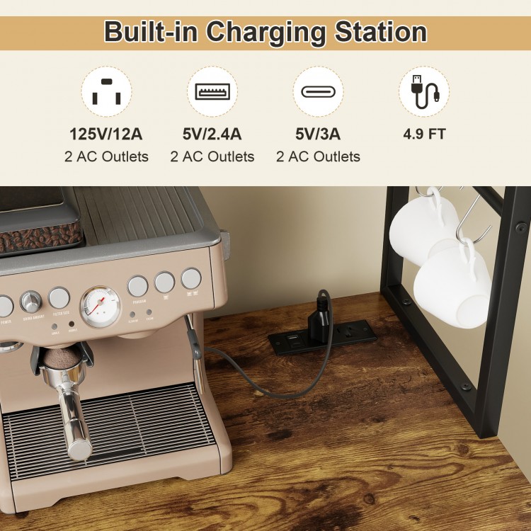 Rustic brown sideboard buffet cabinet with LED lights, charging station, and storage for wine glasses and bottles.