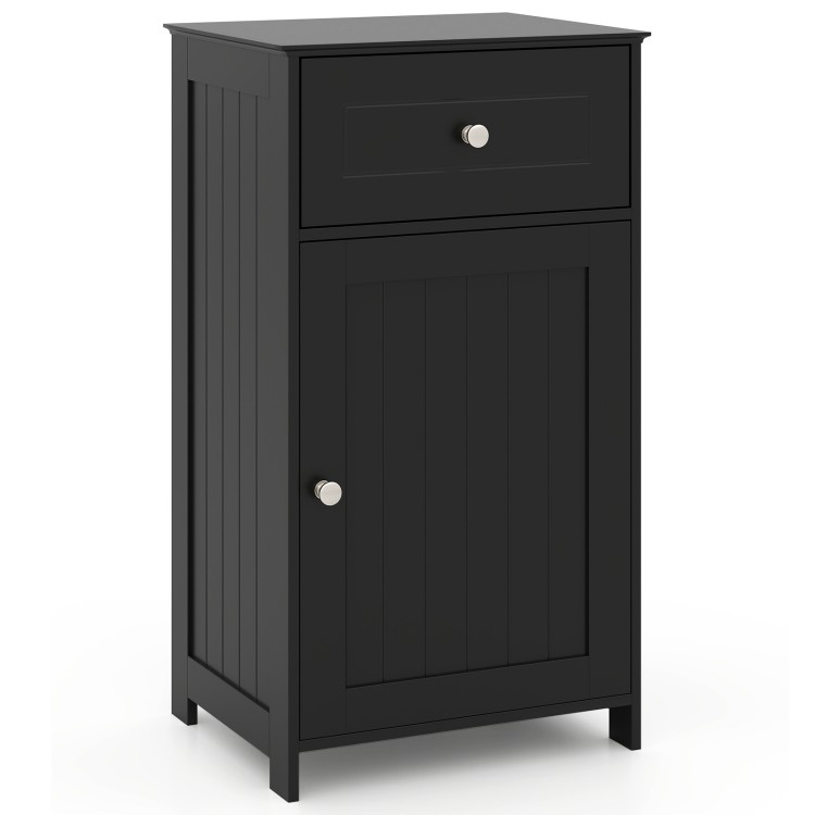 Single door bathroom cabinet in black with adjustable shelf, drawer, and sturdy metal handle for versatile storage.