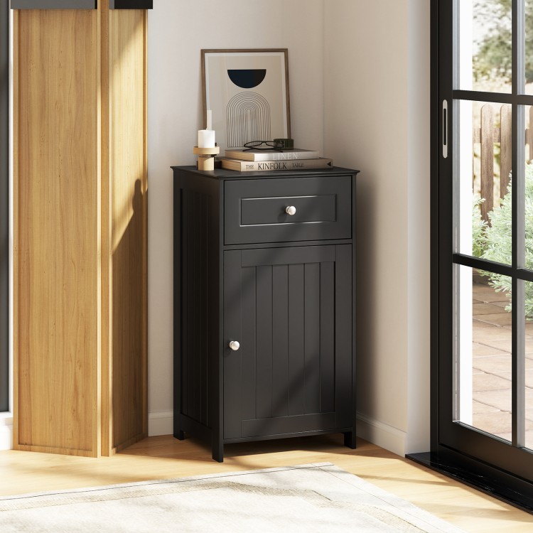 Black single door bathroom cabinet with adjustable shelf and drawer, featuring a sturdy design for versatile storage.