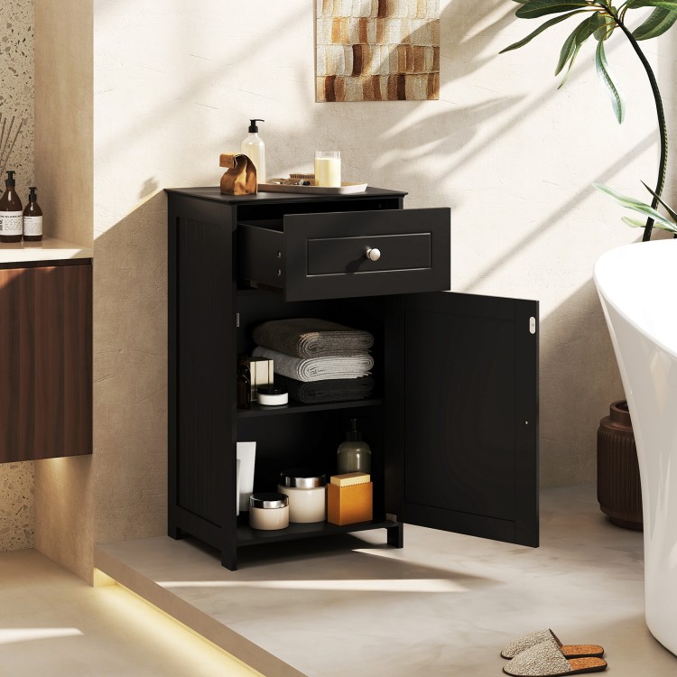 Single door black bathroom cabinet with adjustable shelf and drawer, ideal for versatile storage solutions.