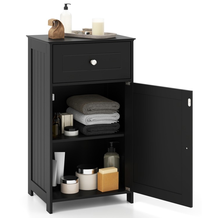 Single door black bathroom cabinet with adjustable shelf, drawer, and magnetic catch for versatile storage solutions.