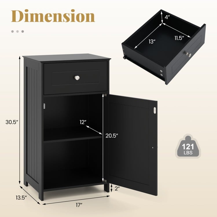 Single Door Bathroom Cabinet in black with adjustable shelf, drawer, and dimensions for versatile storage solutions.