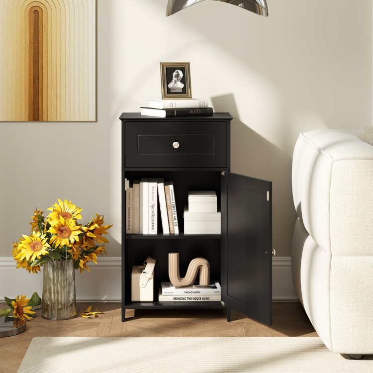 Black single door bathroom cabinet with adjustable shelf, drawer, and sturdy metal handle for versatile storage.