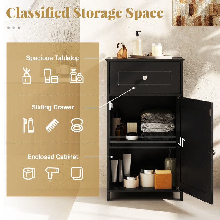 Single door bathroom cabinet in black with adjustable shelf, sliding drawer, and enclosed storage for versatile.