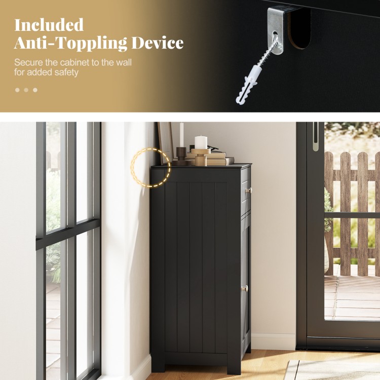 Single door bathroom cabinet in black with anti-tipping device for added safety and adjustable shelf for versatile.