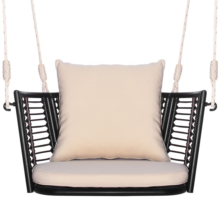 Single person hanging seat showcasing a close-up of the woven rattan backrest and plush cushions, ideal for outdoor.
