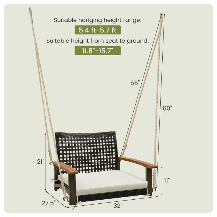 Single rattan porch swing with armrests and cushion, featuring durable PE wicker and acacia wood, ideal for outdoor use.