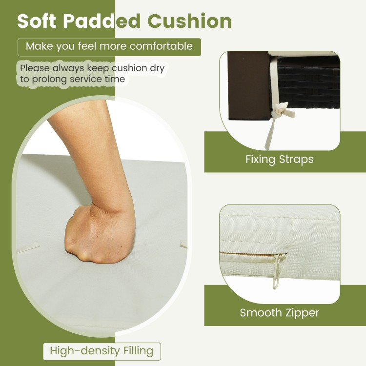 Single rattan porch swing cushion with fixing straps and smooth zipper for easy cleaning and comfort outdoors.