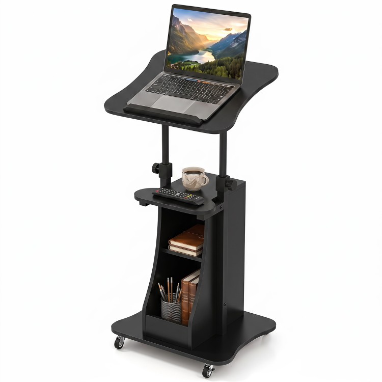Height adjustable black sit-to-stand laptop desk cart with storage, perfect for home or office use.