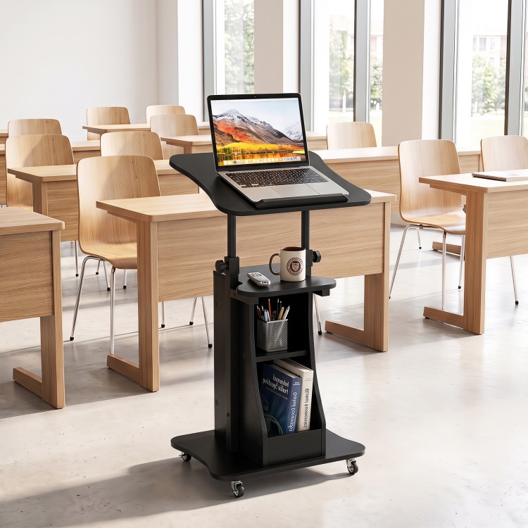 Height adjustable black sit-to-stand laptop desk cart with storage, perfect for classrooms and offices.