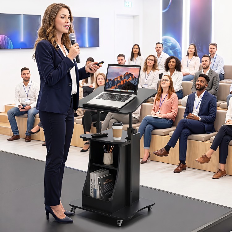 Height adjustable black laptop desk cart with storage, suitable for office or school presentations and easy to assemble.
