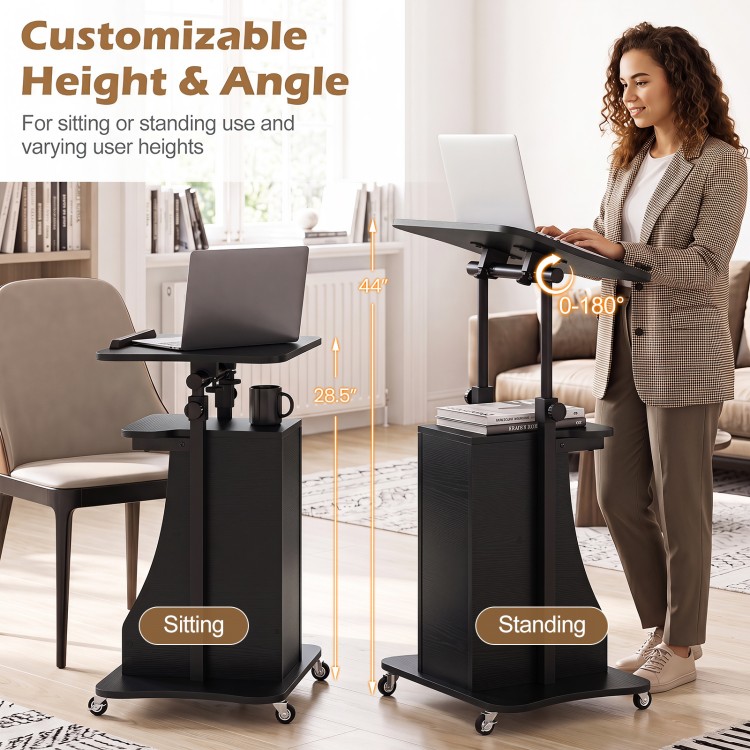 Height adjustable black sit-to-stand laptop desk cart with storage, suitable for home or office use, ensuring ergonomic comfort.