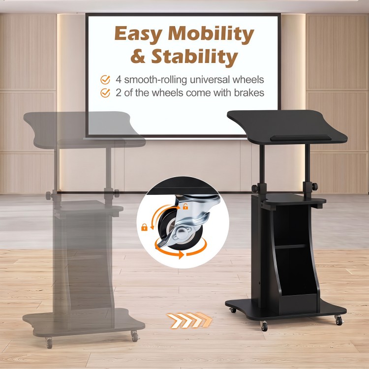 Height adjustable black sit-to-stand laptop desk cart with storage and 4 locking wheels for stability in any workspace.