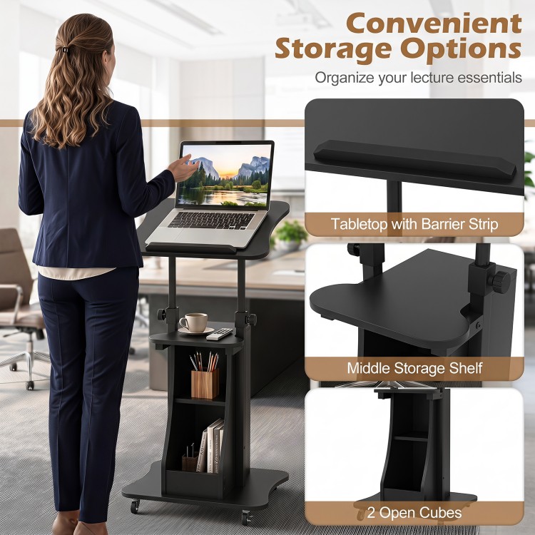 Height adjustable black laptop desk cart with storage, featuring a tilt desktop and four locking wheels for stability.