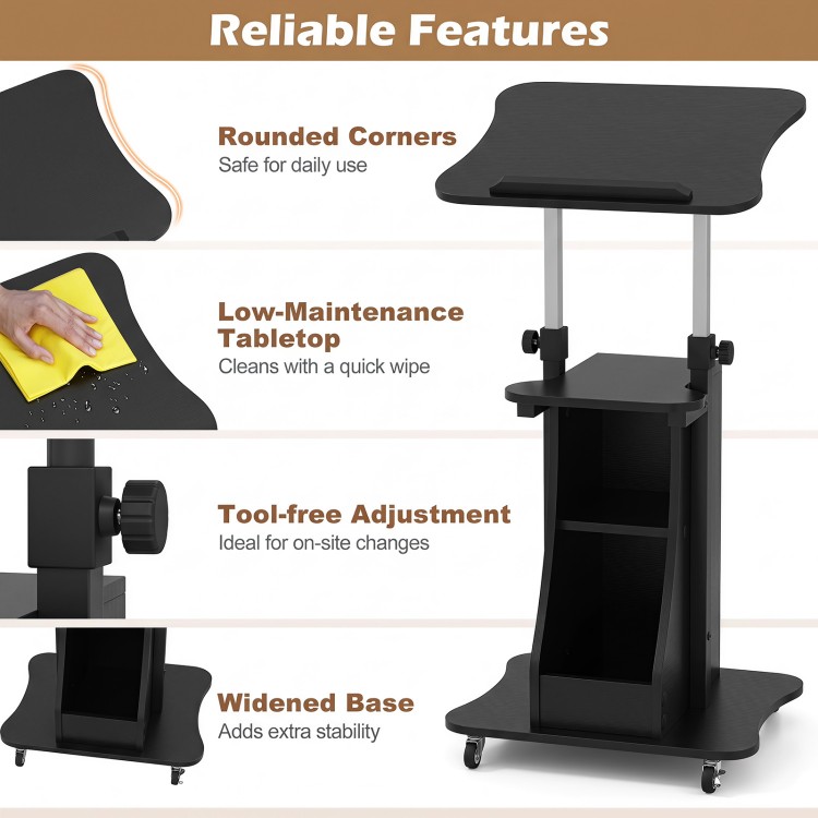 Height adjustable black laptop desk cart with storage, rounded corners, and wheels for easy mobility in any workspace.