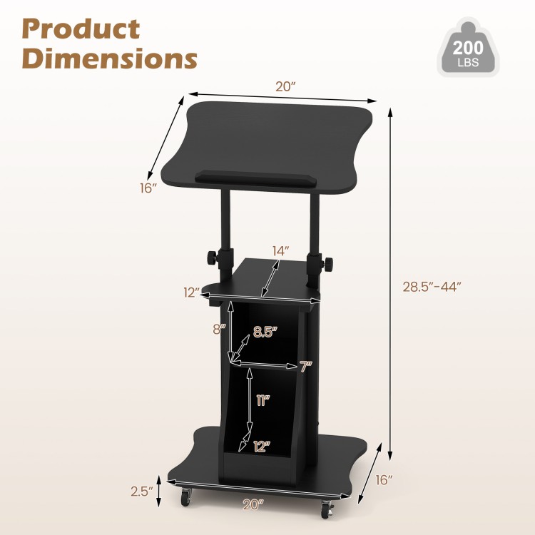 Height adjustable black sit-to-stand laptop desk cart with storage, ideal for home or office use, supports up to 33 lbs.