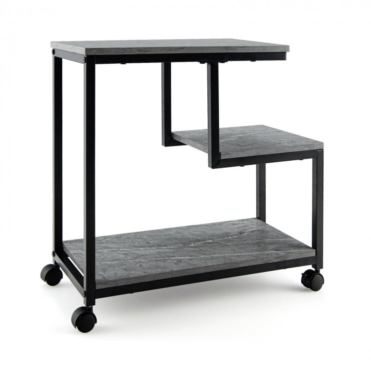 3-tier side table in black with a compact design and wheels, perfect as a nightstand or for small spaces.