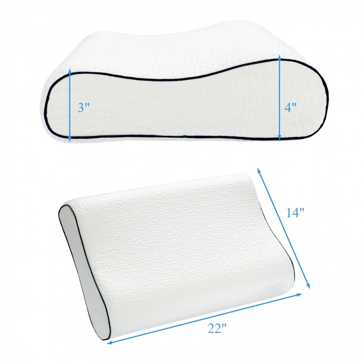 Contour memory foam sleep pillow with ergonomic design, measuring 22" x 14" x 4", for neck support and pain relief.