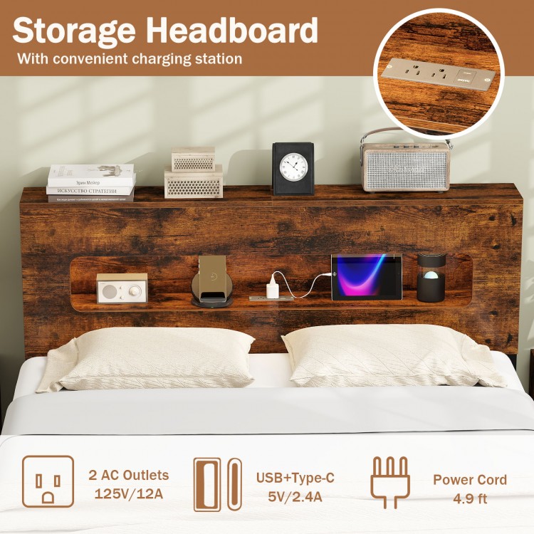 Storage headboard with charging station, featuring 2 AC outlets and USB ports for convenient bedside electronics access.