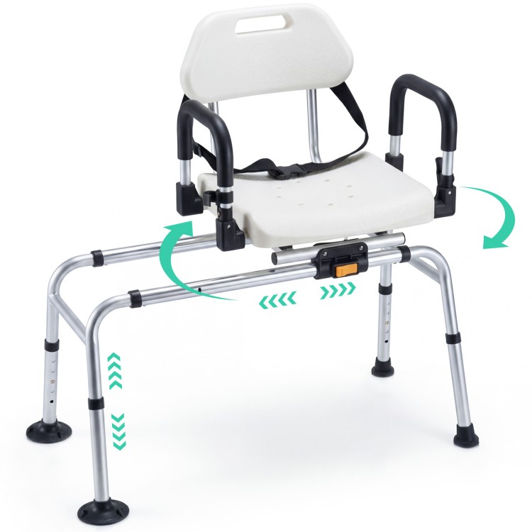 Sliding shower chair with backrest and swivel seat, adjustable height, and non-slip suction cups for safety and comfort.
