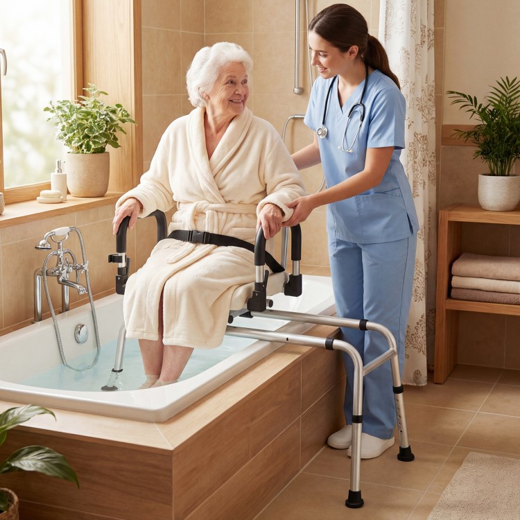 Sliding shower chair with backrest and swivel seat, adjustable height, for safe bathing assistance for seniors.