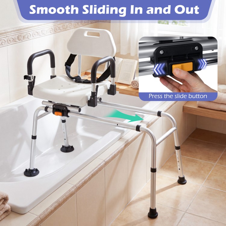 Sliding shower chair with backrest and swivel seat, featuring adjustable height and smooth sliding for seniors and.