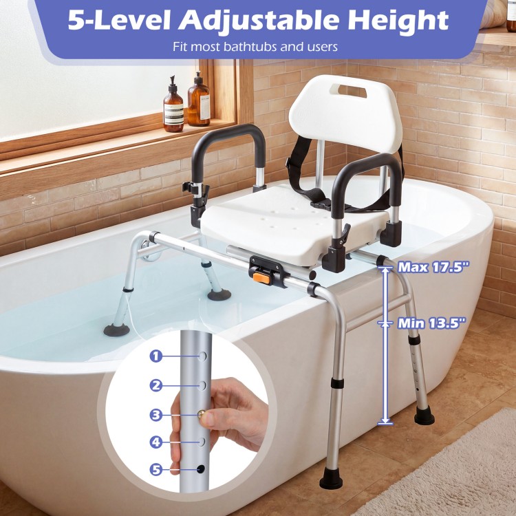 Sliding shower chair with backrest and swivel seat, featuring 5 adjustable height settings for various tubs and users.