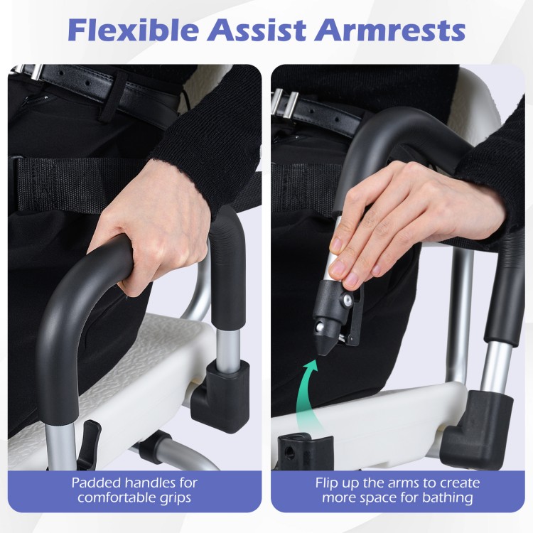 Flexible assist armrests with padded grips and flip-up feature for easier bathing access on the sliding shower chair.