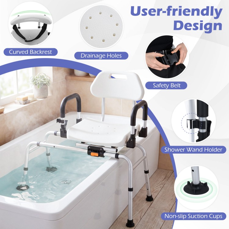 Sliding shower chair with backrest, swivel seat, and adjustable height for seniors, featuring non-slip suction cups.