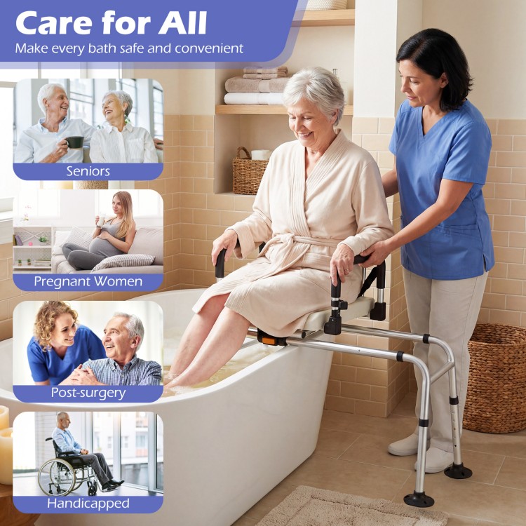 Sliding shower chair with backrest and swivel seat, adjustable height, for seniors and handicapped users in a bathroom.