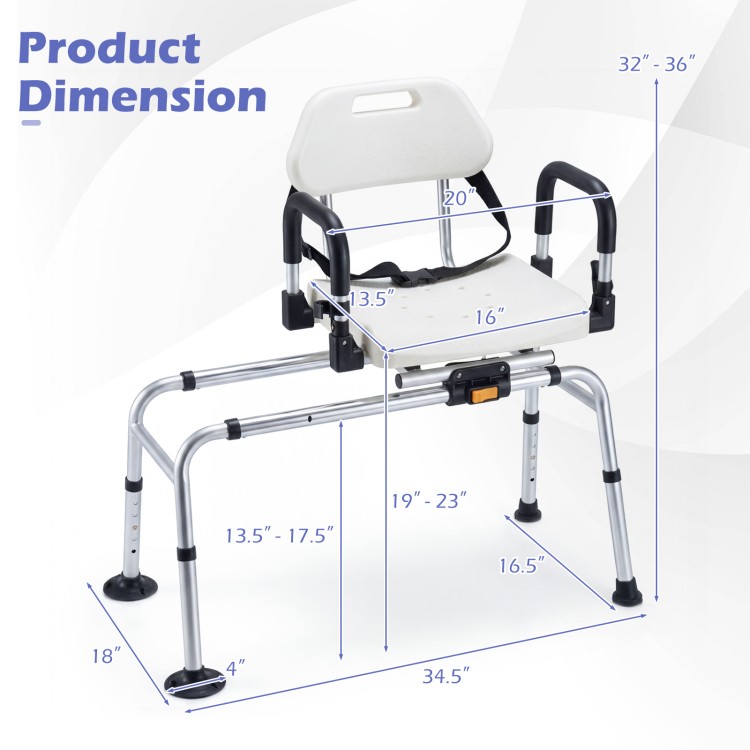 Sliding shower chair with backrest, adjustable height, and swivel seat dimensions for seniors and handicapped users.