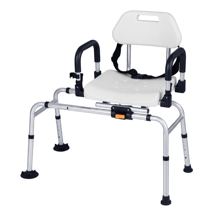 Sliding shower chair with backrest and swivel seat, adjustable height, and rustproof aluminum frame for seniors and.