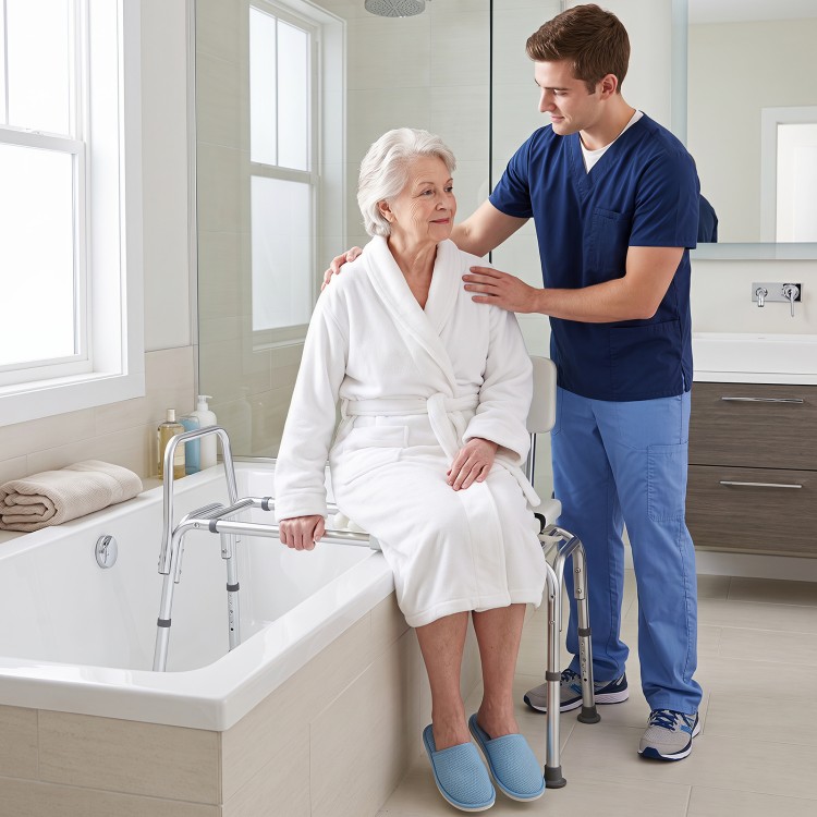 Sliding tub transfer bench with detachable armrests, height-adjustable aluminum frame, and safety belt for secure bathing.