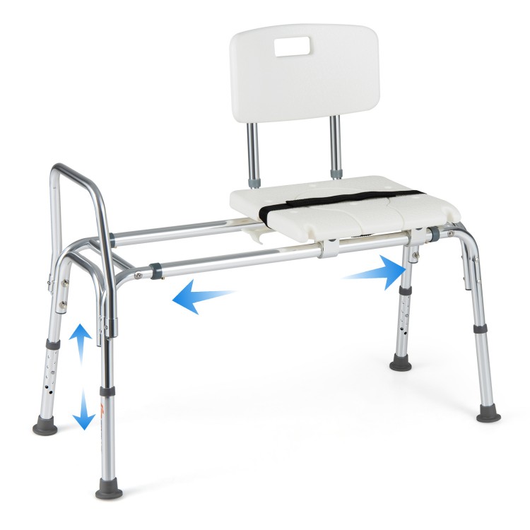 Sliding tub transfer bench with adjustable height, detachable armrests, and safety belt for secure bathing support.