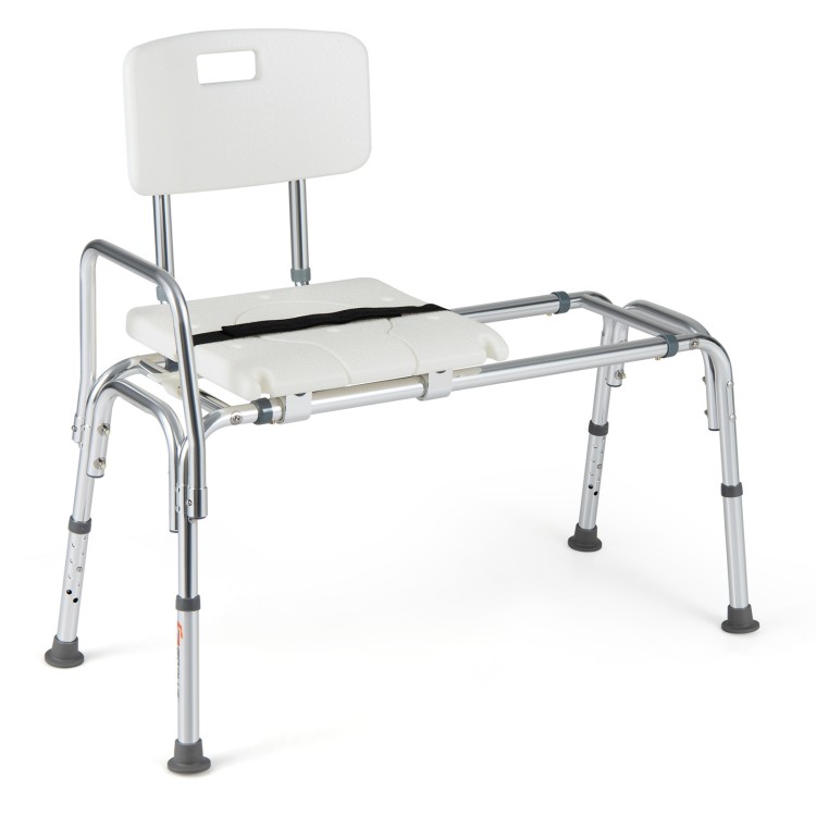 Sliding tub transfer bench features a comfortable backrest and anti-slip foot pads for stability during bathing activities.