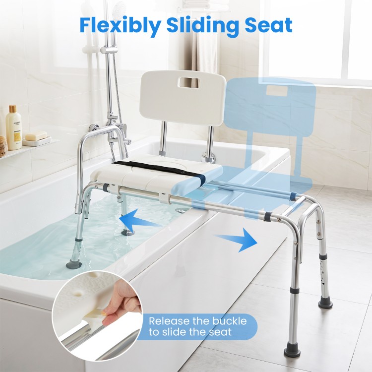 Sliding tub transfer bench with adjustable height, detachable armrests, and anti-slip foot pads for safe bathing.