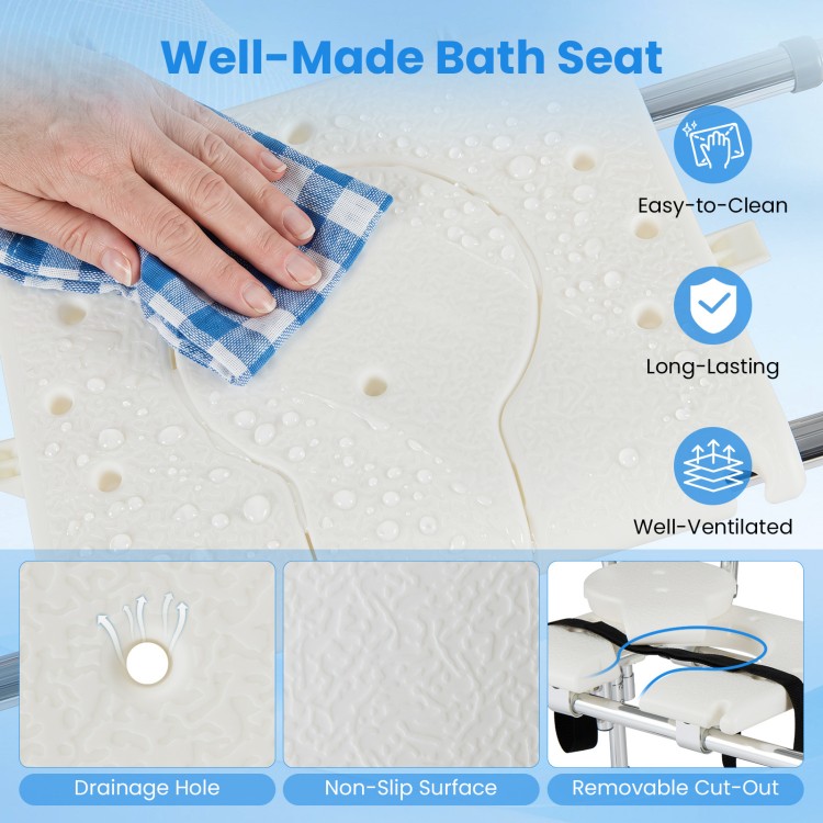 Well-made sliding tub transfer bench features a non-slip surface, drainage hole, and removable cut-out for safe bathing.