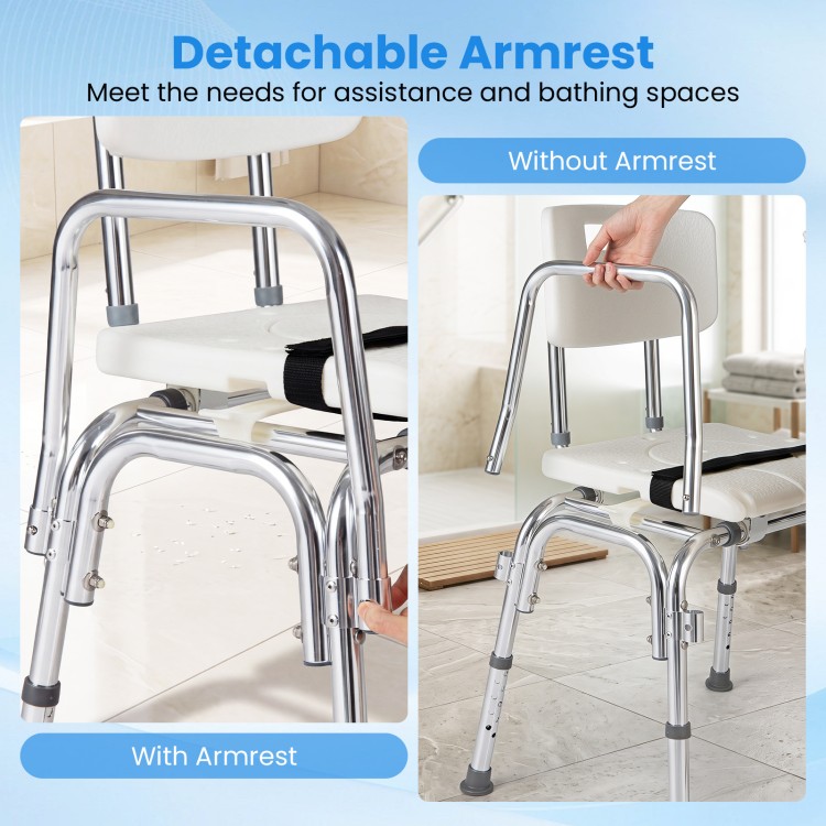 Sliding tub transfer bench with detachable armrests and adjustable height for safe bathing assistance for elderly and disabled users.