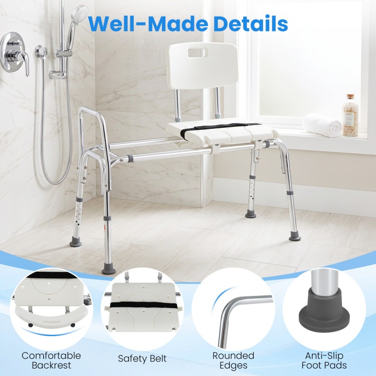 Sliding tub transfer bench with adjustable height, safety belt, and anti-slip foot pads for secure bathing assistance.