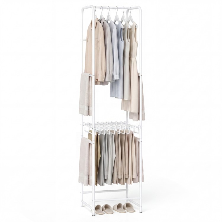 Freestanding garment organizer with 8 hanging rods and detachable pants hangers, ideal for space-saving clothing.