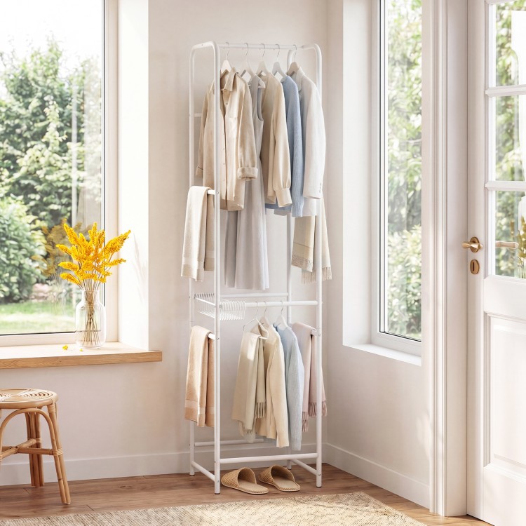 Freestanding slim coat rack featuring a modern minimalist design, perfect for organizing clothing in bedrooms or.