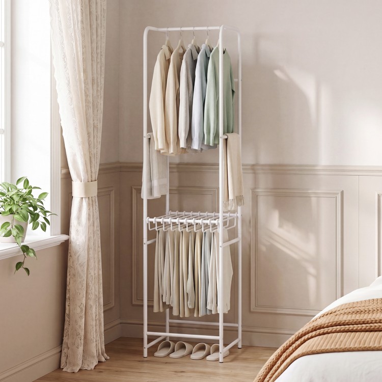 Freestanding slim coat rack with 8 hanging rods and detachable pants hangers for organized clothing storage in a modern.