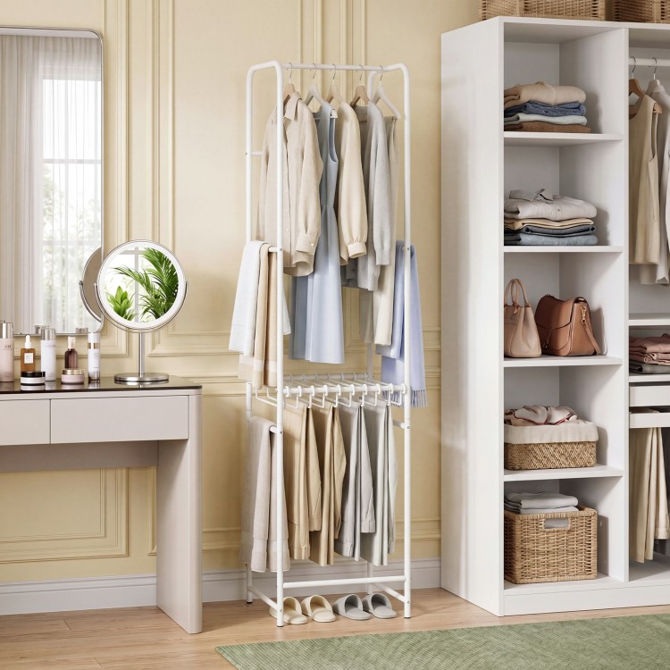 Freestanding slim coat rack with 8 hanging rods and detachable pants hangers, ideal for organizing clothing in small.