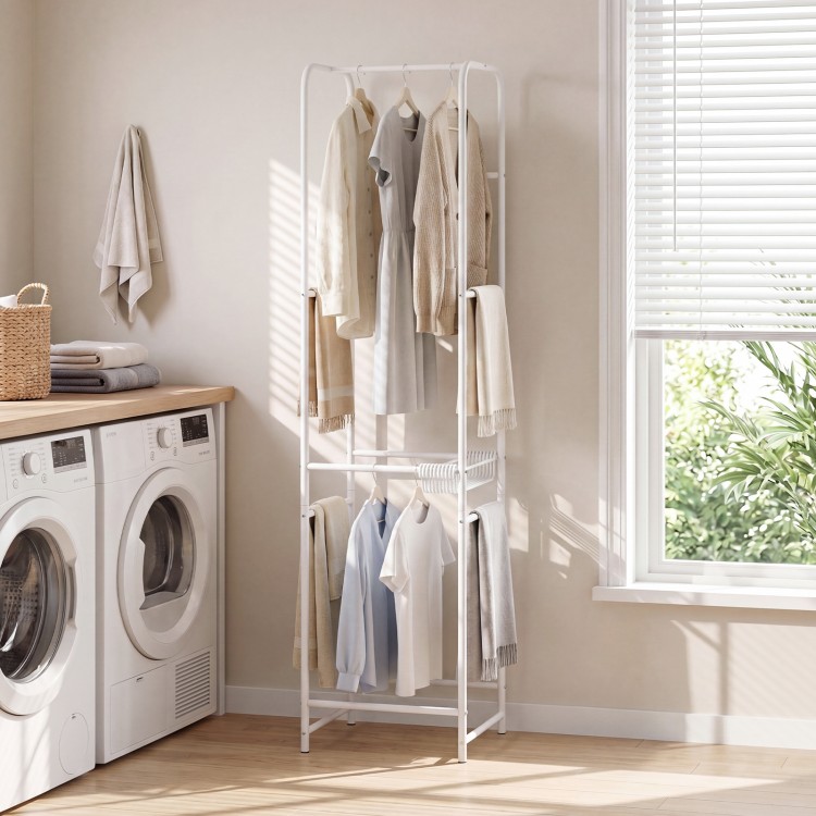 Freestanding Slim Coat Rack with 8 hanging rods and detachable pants hangers for organized clothing storage in small.