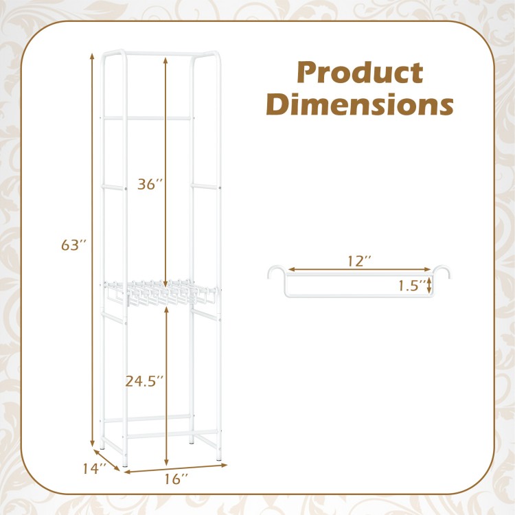 Slim coat rack dimensions with 8 hanging rods, 63" height, and 16" width for efficient clothing organization.