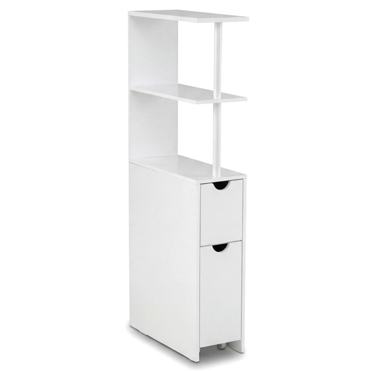Slim white storage cabinet with two drawers and three open shelves, perfect for space-saving in bathrooms or kitchens.